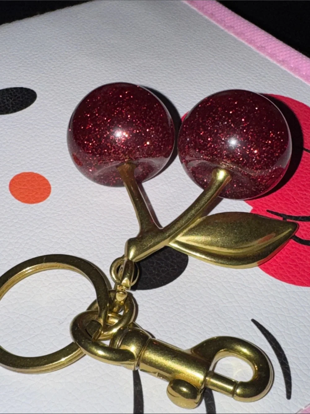 Gold Cherry Keychain with Red Glitter Charms